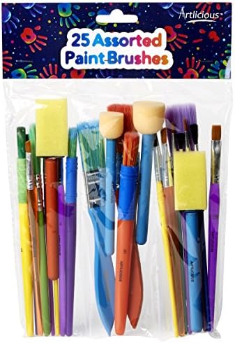 Artlicious foam and synthetic bristle brushes laid out by size for craft projects