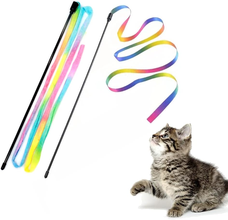 LASOCUHOO interactive cat rainbow wand front view featuring colorful satin ribbon for kitten playtime