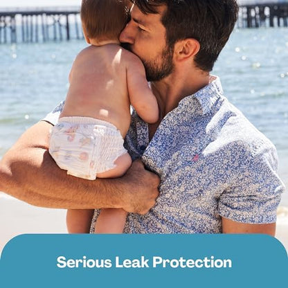 Back view of Hello Bello medium swim diapers pack highlighting leak guard features