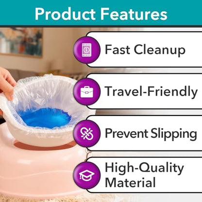Portable toilet liner being applied to a compact travel potty seat for outdoor use.
