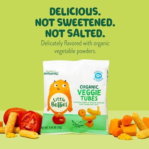 Seven pack of individual organic baby snacks showing nutritional info and USA import certification