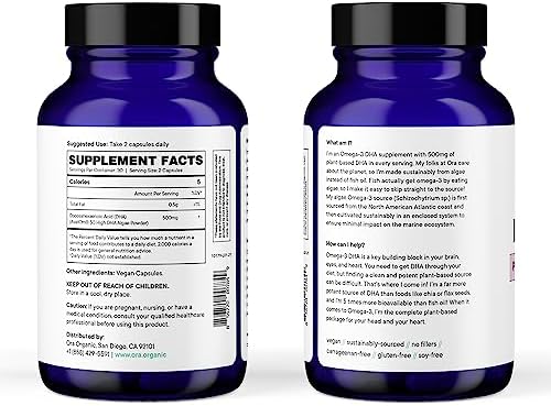 Ora Organic Head and Heart algal DHA supplement facts and pure ingredient label.