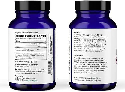 Ora Organic Head and Heart algal DHA supplement facts and pure ingredient label.