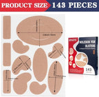 Selection of 13 different shapes of moleskin padding for various foot areas.