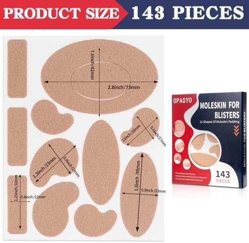 Selection of 13 different shapes of moleskin padding for various foot areas.