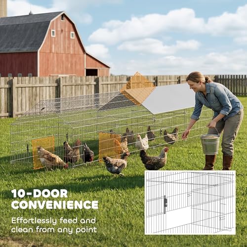 PawHut Metal Chicken Coop, Large Chicken Run with Water-Resistant & Anti-UV Cover for 7-9 Hens, Outdoor Hen House Rabbit Hutch with 10 Doors for Duck, Small Animal, for Backyard, 21' x 3.5' x 3.6' - Image 5