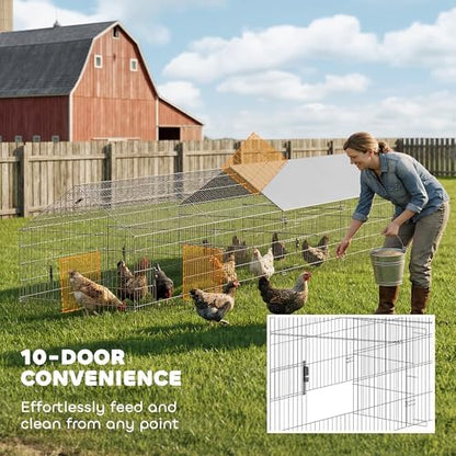 PawHut Metal Chicken Coop, Large Chicken Run with Water-Resistant & Anti-UV Cover for 7-9 Hens, Outdoor Hen House Rabbit Hutch with 10 Doors for Duck, Small Animal, for Backyard, 21' x 3.5' x 3.6' - Image 5