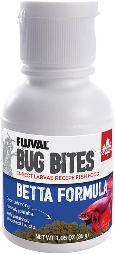 Fluval fish food container showing feeding directions and ingredients label