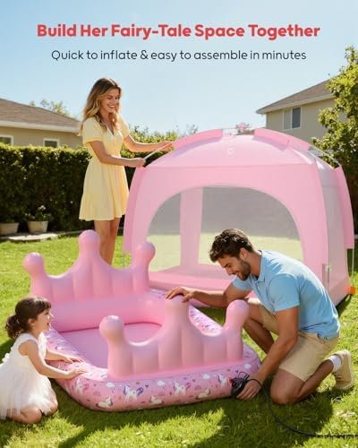 QPAU princess blow up bed being inflated with the included electric pump