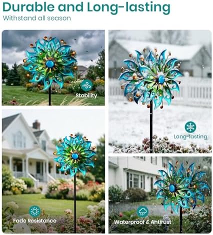 Assembled 63 inch tall peacock garden kinetic sculpture in yard