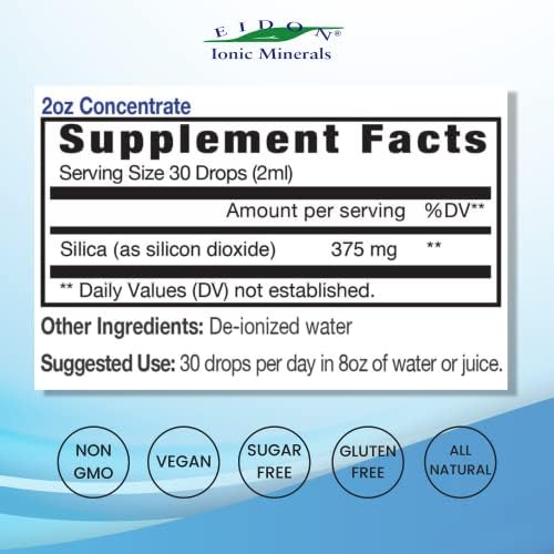 Close up of Eidon Liquid Silica mineral supplement dropper bottle