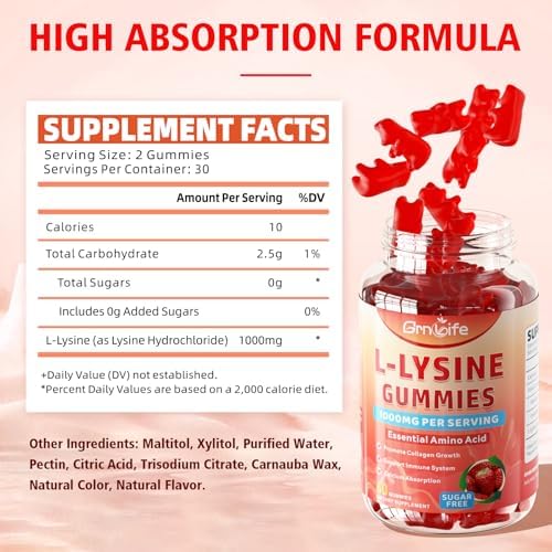 GrnLife L-Lysine supplement bottles showing label details and serving size.