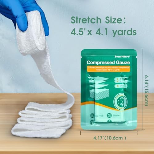 SuccorWare compressed sterile cotton gauze strip displaying the premium six-ply absorbent material weave.