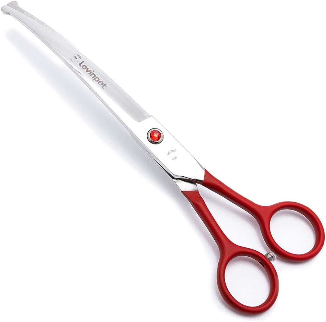 LovinPet 7 inch curved pet grooming scissors front view showcasing stainless steel blades and red finger handles.