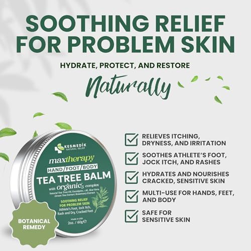 KESMEDIK antifungal tea tree balm container showing natural ingredients list