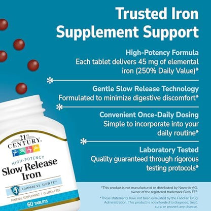 Side profile of 21st Century Iron 45mg showing gluten free and high potency certification seals