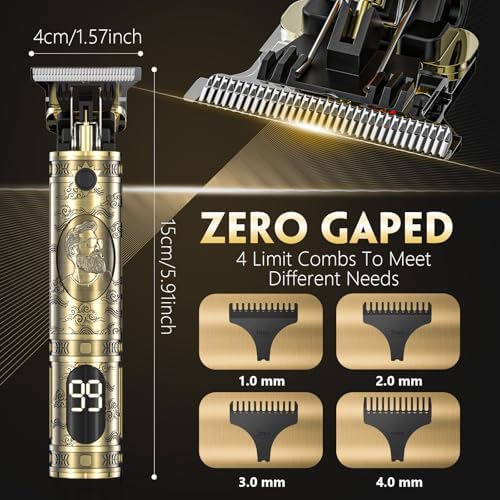 Close-up view of the titanium zero-gapped cutting blade on the gold grooming device