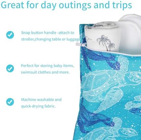 2 Pcs Wet Bags Waterproof Reusable Zippered Pocket Cloth Diaper Wet Dry Bags for Travel Beach Pool Swim, Baby Diapers,Gym Yoga Wet Clothes,Swimsuit,water wipes(Blue turtle) - Image 5