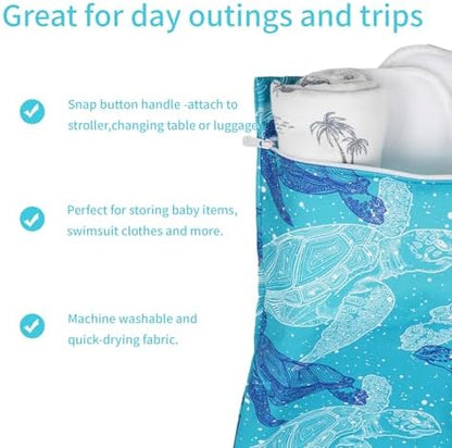 2 Pcs Wet Bags Waterproof Reusable Zippered Pocket Cloth Diaper Wet Dry Bags for Travel Beach Pool Swim, Baby Diapers,Gym Yoga Wet Clothes,Swimsuit,water wipes(Blue turtle) - Image 5