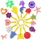 Close up of EVNEED toddler painting rollers and flower pattern sponge brushes with blue plastic handles.