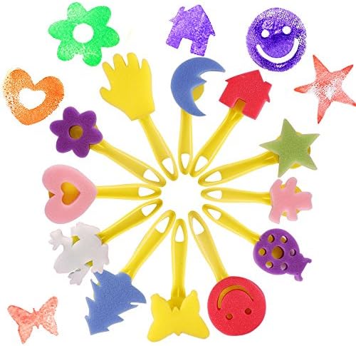 Close up of EVNEED toddler painting rollers and flower pattern sponge brushes with blue plastic handles.