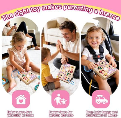 Packaging box of the authentic Grarain Unicorn Busy Board showing product dimensions and safety certifications.