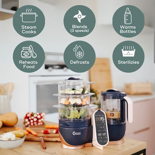Babymoov extra large capacity steaming baskets separating baby food ingredients