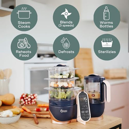Babymoov extra large capacity steaming baskets separating baby food ingredients