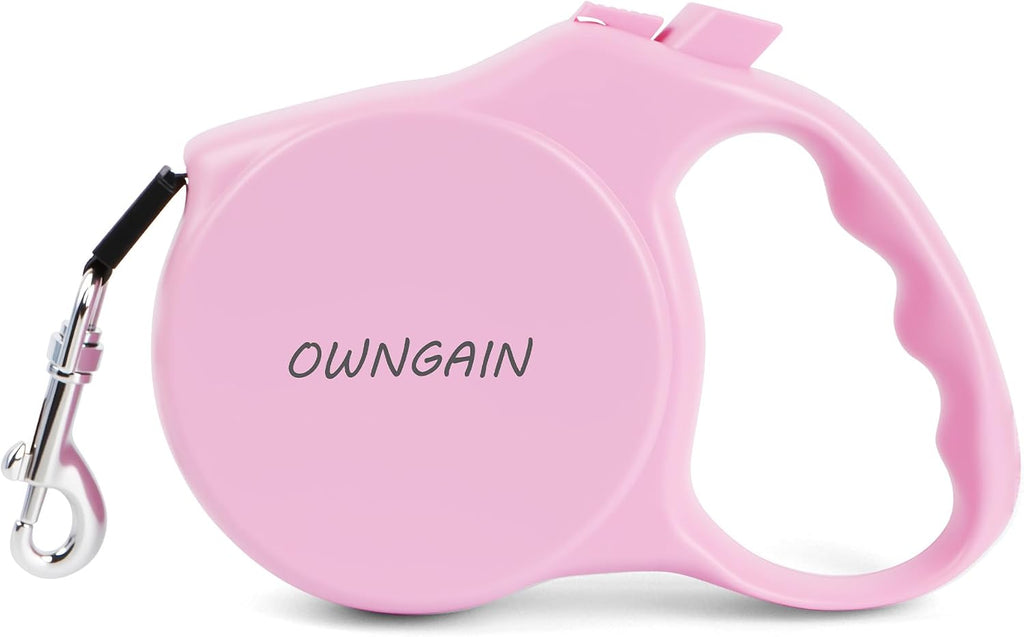 Owngain pink retractable dog leash front view showing the ergonomic handle.