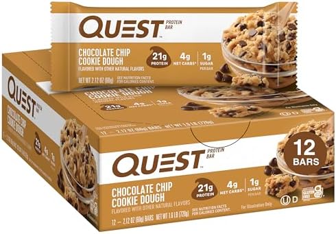 Quest protein bar box showing nutrition facts and 21 grams protein
