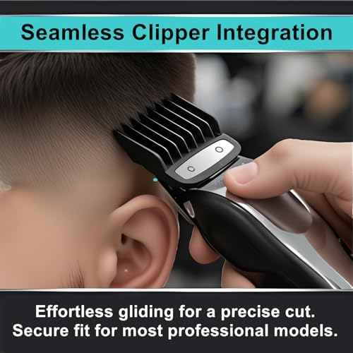 Top view of the black plastic teeth of the premium hair clipper guide combs.