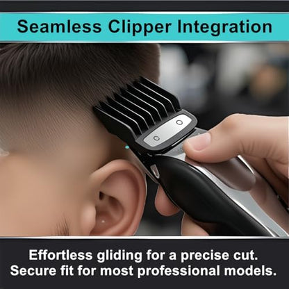 Top view of the black plastic teeth of the premium hair clipper guide combs.