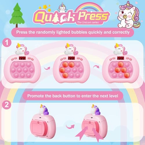 Pink unicorn fast push bubble game toy being held by a child for stress relief