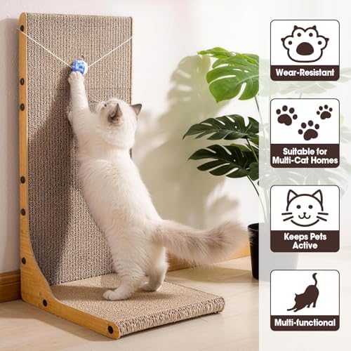 Close up view of the non toxic corrugated cardboard base and hanging toy