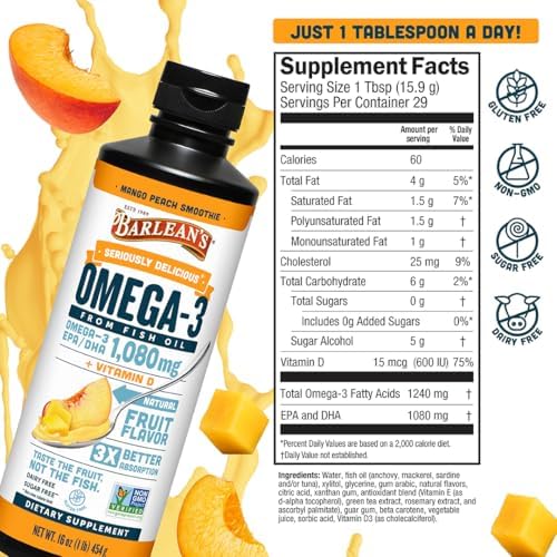 Barlean's Seriously Delicious mango peach smoothie fish oil supplement lifestyle presentation