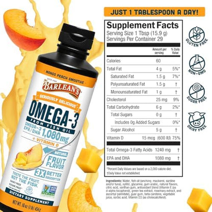 Side view of Barlean's 16 Ounce liquid supplement showing non GMO and sugar free certifications