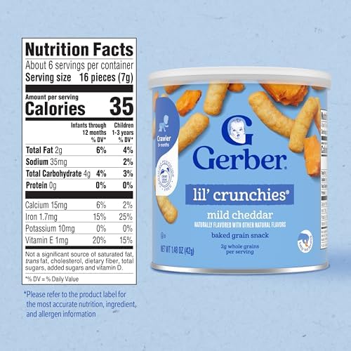 Gerber baked grain snack canisters showing product branding and age recommendation
