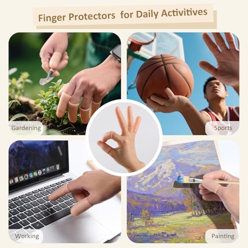 Beige silicone finger guards protecting fingers during gardening and sewing tasks