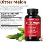 Side angle of Cannabiology Bitter Melon supplement packaging highlighting the non GMO and gluten free certifications