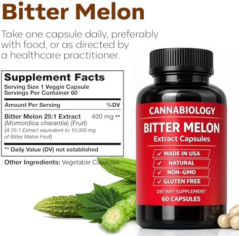 Side angle of Cannabiology Bitter Melon supplement packaging highlighting the non GMO and gluten free certifications