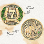 Double sided gold novelty coin showing the detailed number seven and horseshoe emblem