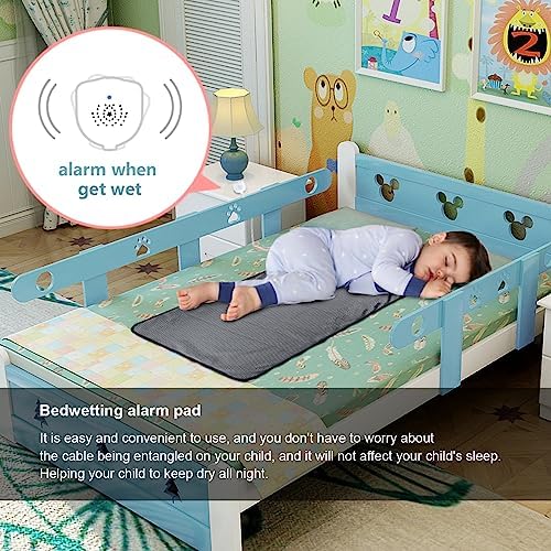 Two large quilted washable urine pads laid out flat on a child bed.