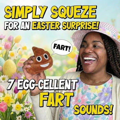 A person squeezing the brown poop emoji toy to activate hilarious sounds