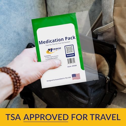 Individual unit-dose OTC medicine packets organized for travel and office use.