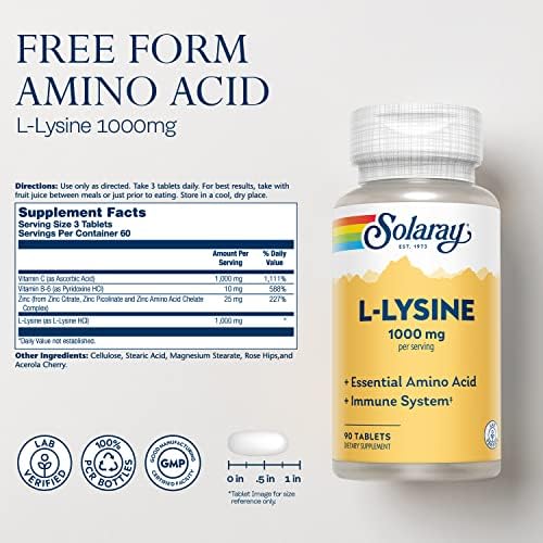Close up of Solaray L-Lysine supplement label showing ingredients
