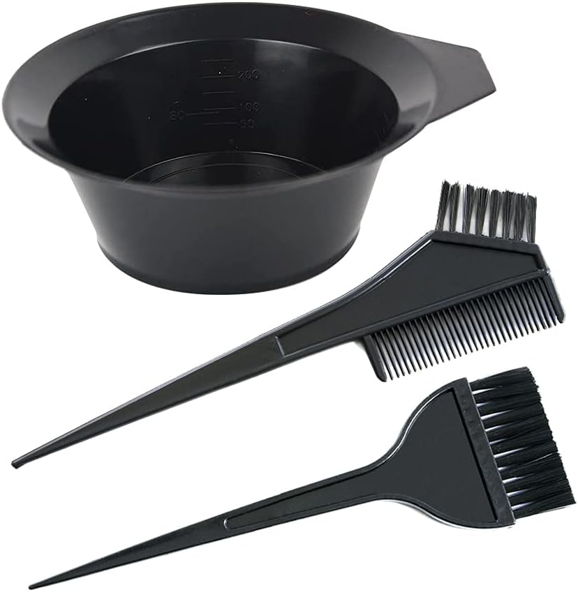 Yantaisiyu 3 Piece Salon Hair Dyeing Kit front view showcasing the black plastic mixing bowl and application brushes.