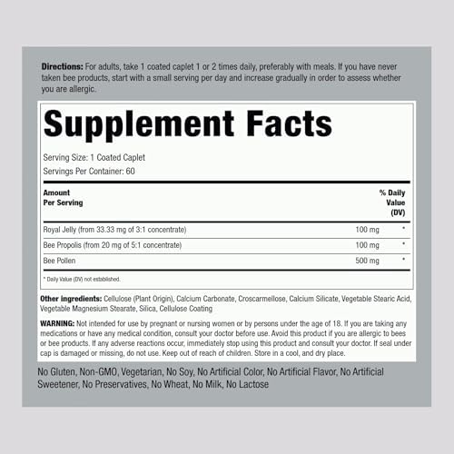 Piping Rock royal jelly propolis bee pollen nutrition facts label