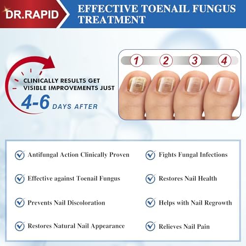 Dr. Rapid antifungal solution being applied to a discolored toenail for repair.