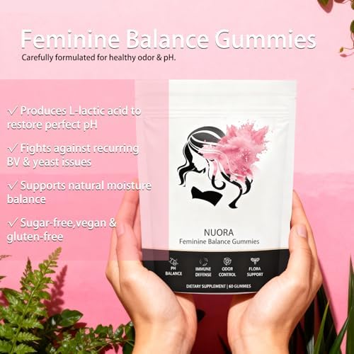Nuora Feminine Balance 60 count bottle highlighting vegan and gluten free certifications.