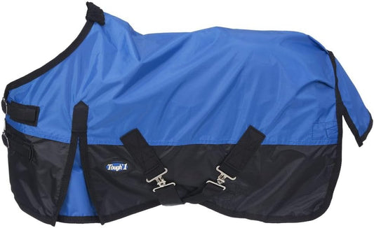 Tough 1 waterproof mini horse turnout blanket side profile with crossed surcingles.